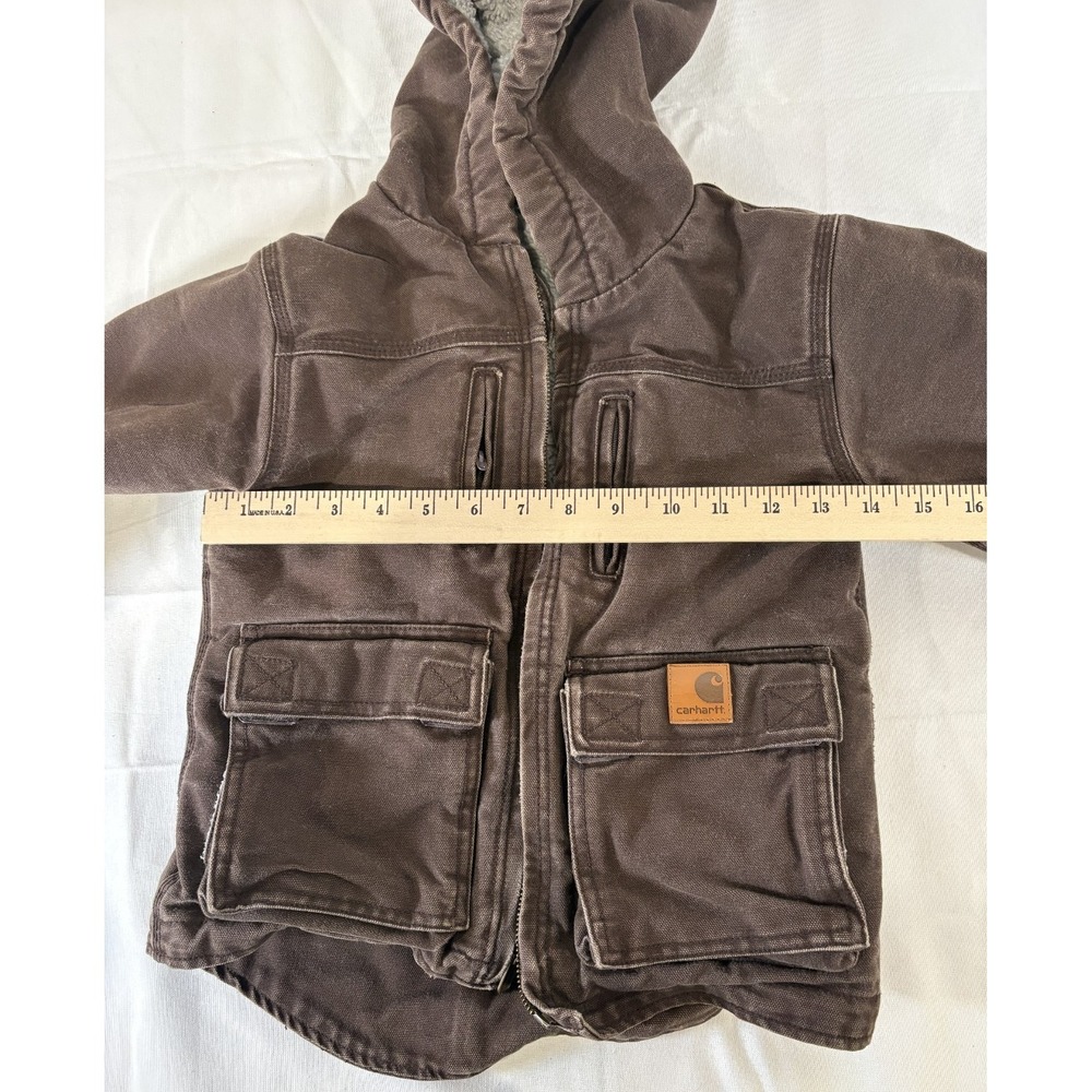 Carhartt Jacket Youth 5 Brown Canvas Hooded Full Zip Fleece Lined Workwear VTG - Picture 10 of 12